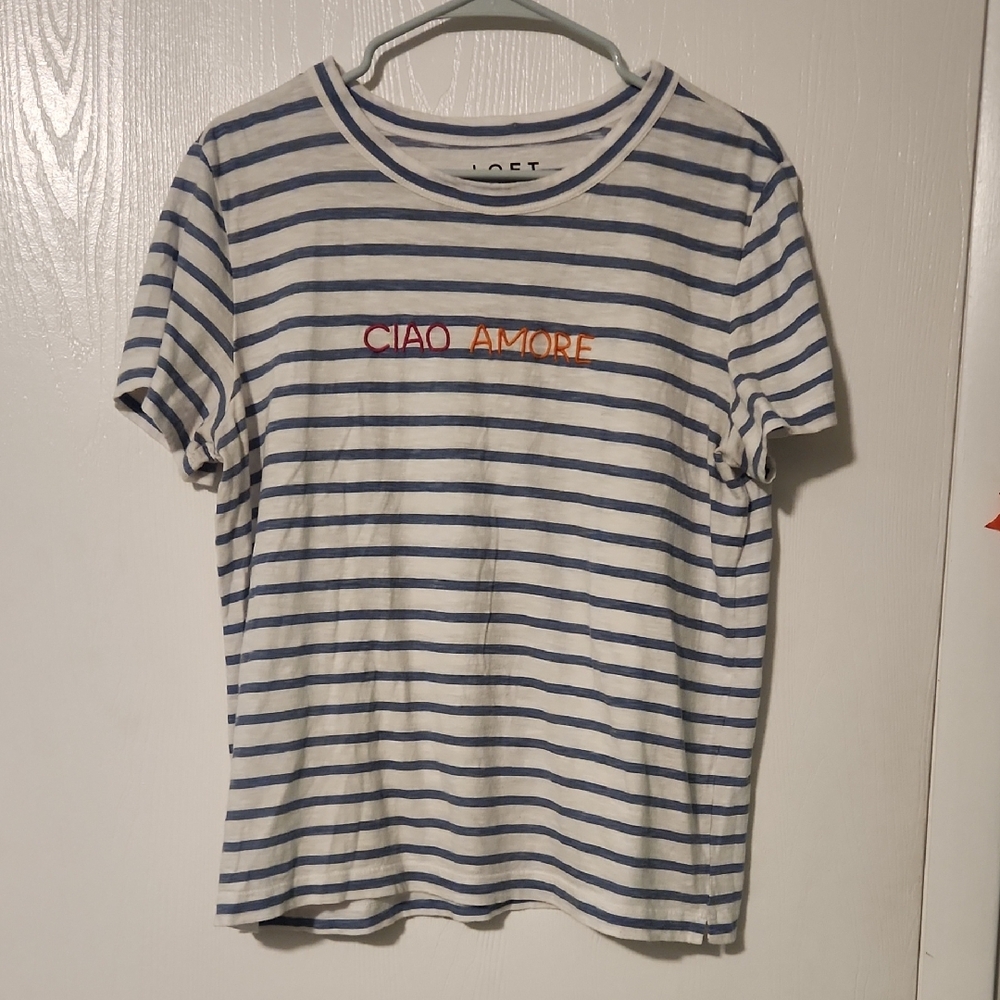 LOFT Blue and White Striped Tee with Ciao Amore Print